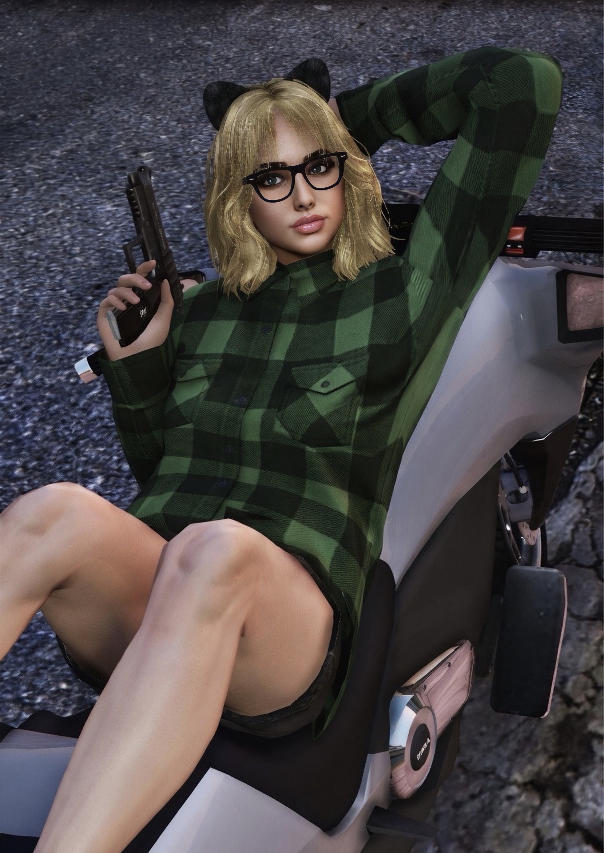 GTA V character portrait of a blonde avatar with cat ears and a green flannel shirt leaning back on a motorcycle