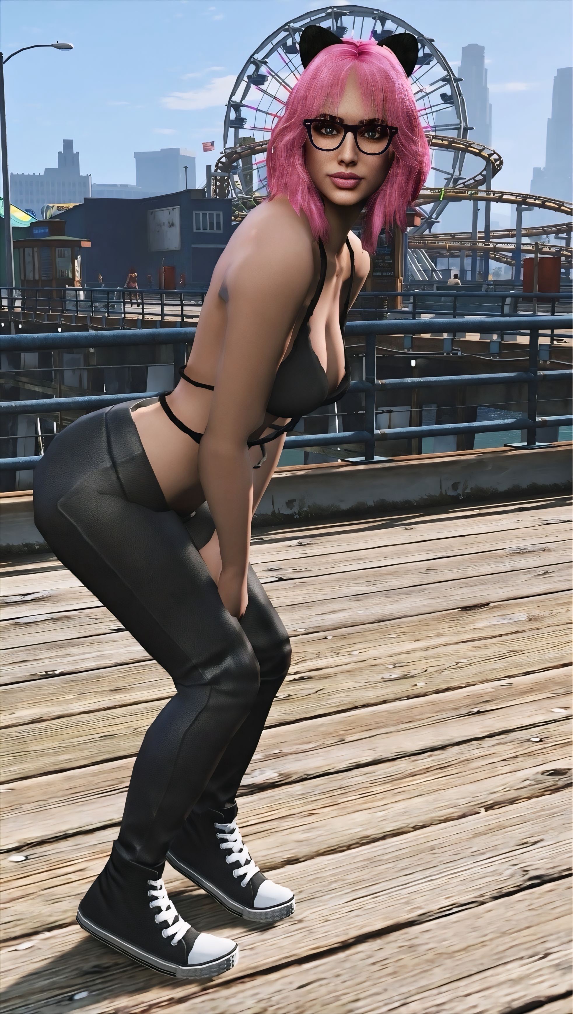 GTA V virtual photography of a female avatar with pink hair and cat ears posing at Del Perro Pier in front of the ferris wheel