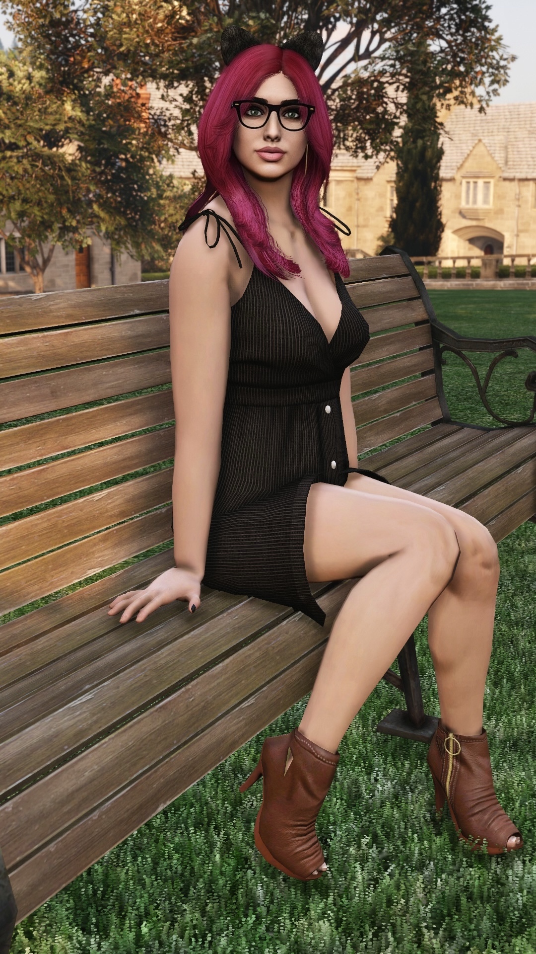 GTA V virtual portrait of a female avatar with burgundy hair sitting on a wooden park bench in a black dress